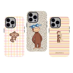 [No magnetic]  Curious George monkey Gingham Leopard Stripe Phone Case,Aesthetic Dual-Layer design durable phone Cover,Cute Monkey Print for iPhone 17 16 15 14 13 12 11 8 7 for Samsung Series,Shockproof Protective hard Cover,perfect gift for her