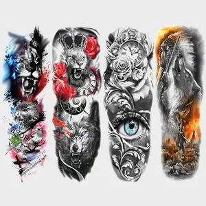 4 Sheets Tribal Full Arm Temporary Tattoo Stickers, Waterproof Long-Lasting Lion Wolf Eagle Clock Eye Floral Design, Party Decorations, Waterproof Temporary Tattoos, Fake Tattoos