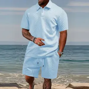 Summer bestsellers 2-piece set: men’s trendy jacquard solid-color short-sleeve outfit featuring a short-sleeve top and shorts; casual wear with comfortable fabric, minimalist design, soft texture—ideal for young people going out on dates,Fathersdaygift
