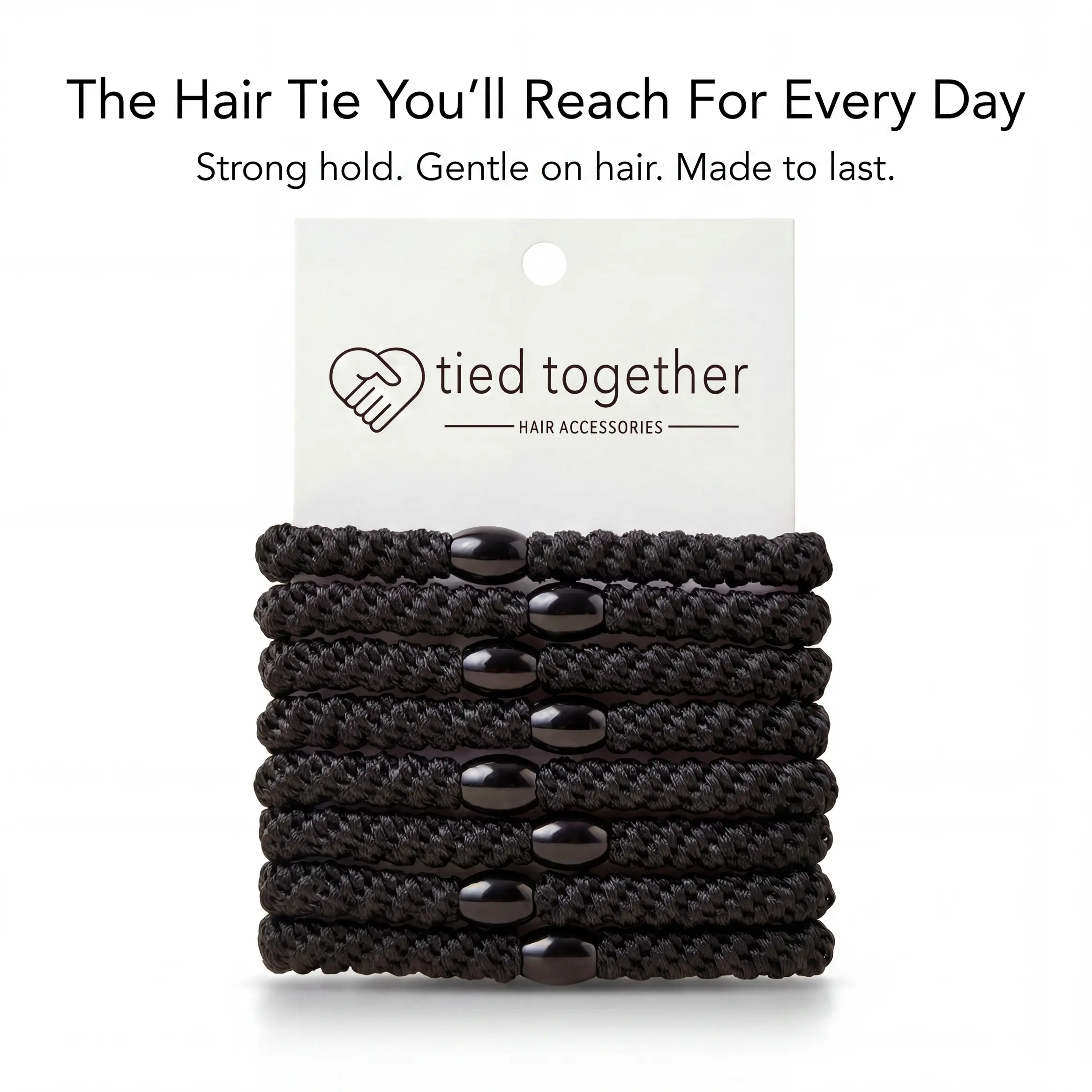 Tied Together Premium Hair Ties for Women | Strong Hold, No-Damage Elastic Hair Bands | Long-Lasting Black Ponytail Holders for Thick or Thin Hair