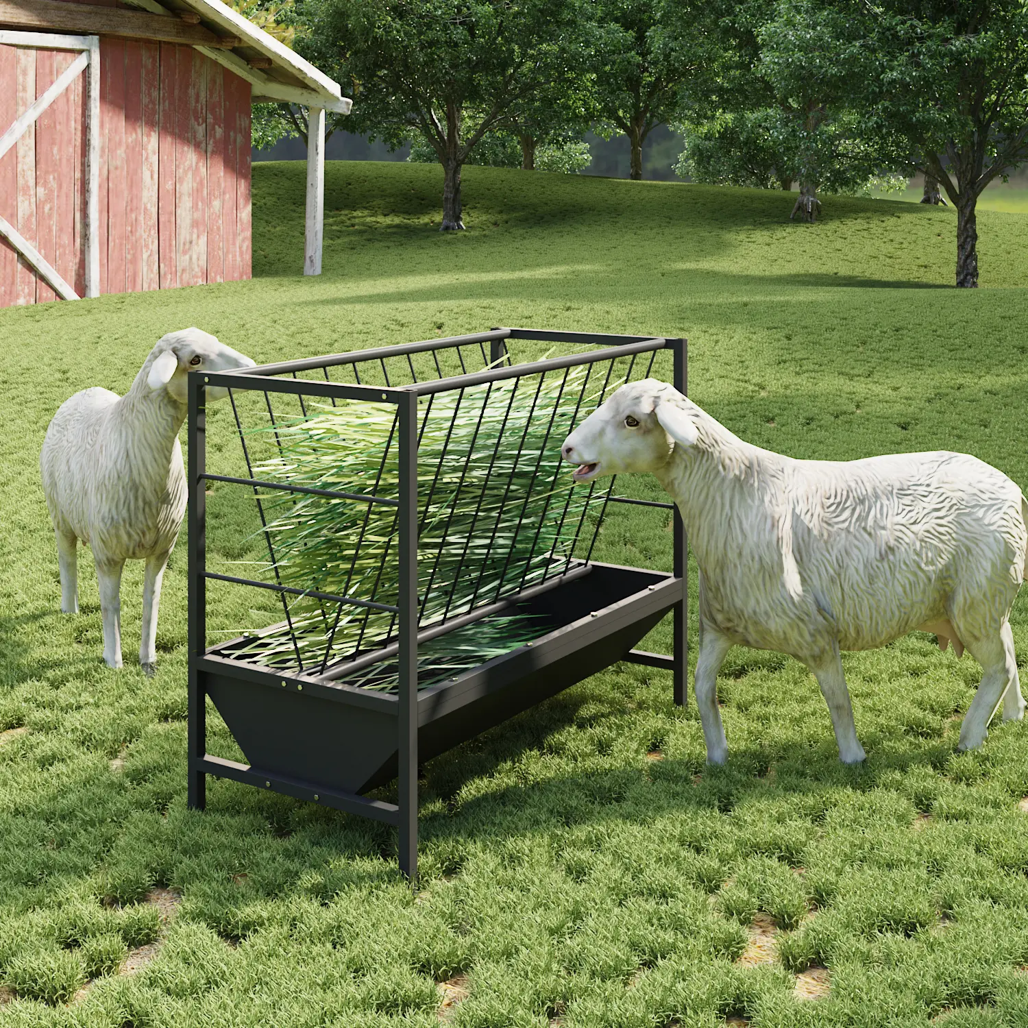 FUFU&GAGA Heavy-Duty Steel Frame Livestock Feeder - 2 in 1 Open Grid Hay Rack with Weatherproof Coating, 24 gal Capacity Trough for Goats/Sheep, Hay Storage Solution