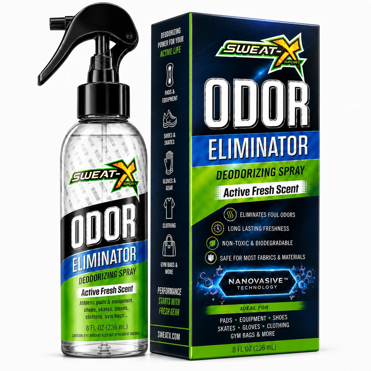 SweatX Sport Shoe & Gear Odor Eliminator Spray - 8 oz Non-Toxic No-Wash Deodorizer for Sports Cleats, Pads, Activewear, Fabric & Gym Bags with Active Fresh Scent, Skates, Spray Bottle, Organic, Cruelty Free, Shoe Deodorant Spray, Deodorizing