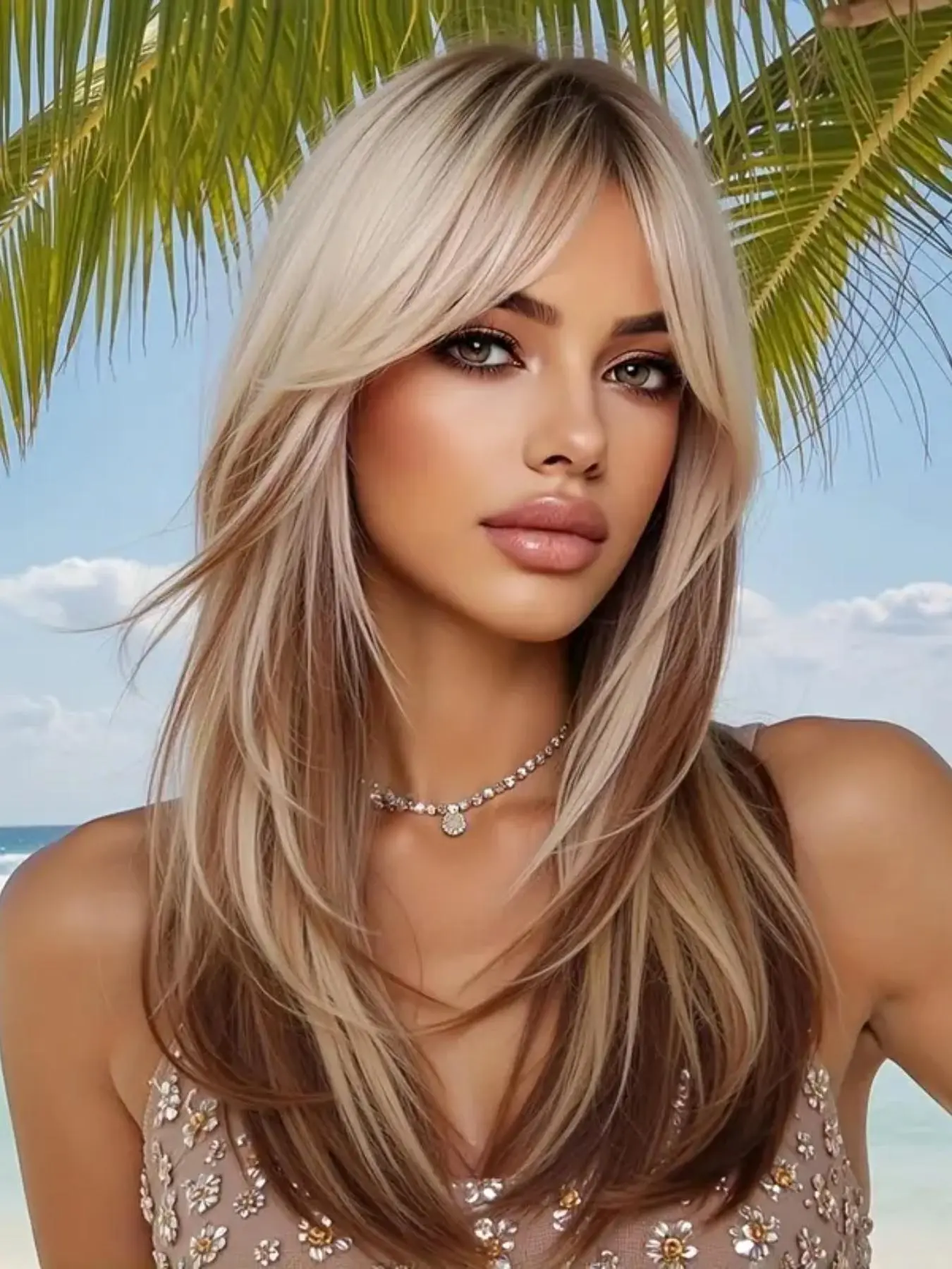 Long Straight Synthetic Wig, Chocolate Ombre Color with Long Bangs, Natural-Looking Elegant Women's Wig for Summer, Summer Wigs
