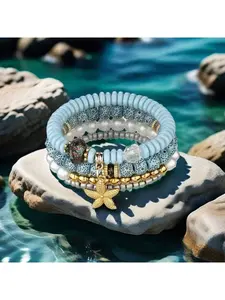 4pcs/Set Bohemian Style Starfish Pendant Blue Beaded Bracelet, Multipurpose Beach Party Bracelet, Perfect For Parties, Holidays And Carnivals.