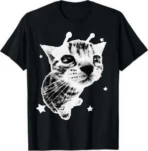 Y2K Alien Cat Meme Retro Silly Cat Vintage Kitty Funny Shirt T-Shirt Pure Cotton Graphic Tees Menswear Top: Gifts for Men & Women