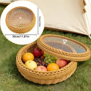 Natural Wind Handmade Woven Round Basket with Lid, Light, Lightweight Durable Easy to Clean, Home Kitchen Garden Camping Multi-Functional Storage Basket