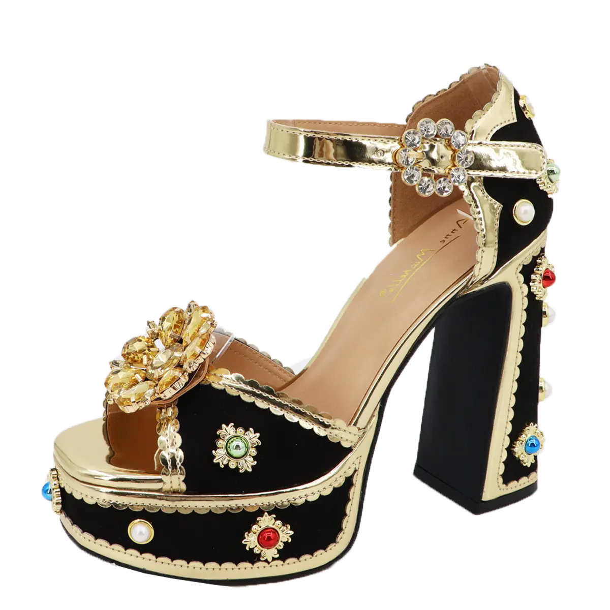 Lady embellished high heel open toe tall chunky heel rhinestone embellished jews ankle strap and buckle