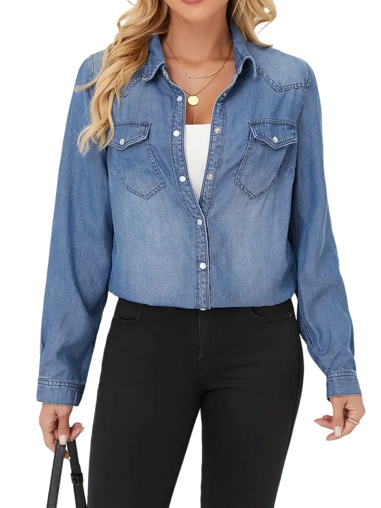 Women's Long Sleeve Denim Lyocell Shirt for Fall - Soft Comfortable Casual Top with Chest Pockets, Breathable Fabric for Casual Office Blouse women's fall clothing