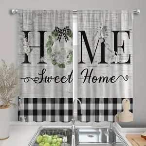 2pcs Simple Gray-black, Black-and-white Checkered, Letter Print, Warm Kitchen Window, Polyester Fibe Material, Translucent Machine-washable Curtain Fabric for Kitchhen Decor. Small Window Curtains