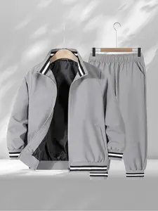 Boys' Fashion Set, Stand Collar Long Sleeve Jacket + Drawstring Pants, Colorblock Stripes, Pocket Zip Details, Casual Comfortable, Striped Sets, Outfit Sets