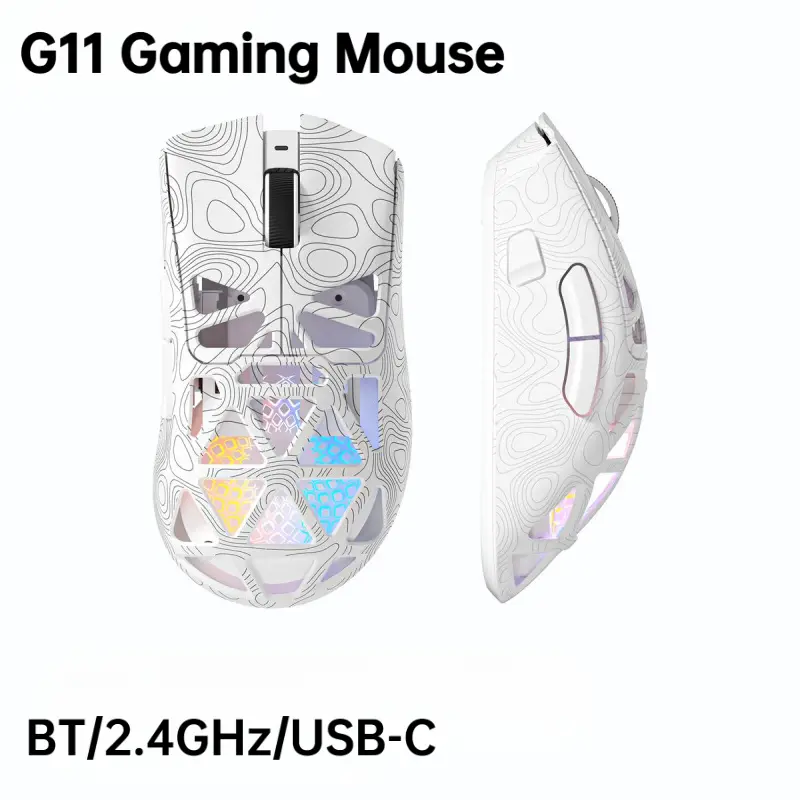 G11 Skeleton Wireless Gaming Mouse PAW3311 RGB Glow Tri-mode Bluetooth Transparent Shell Fast Response Rechargeable FPS Mouse Tiktokshop Lightweight, Gaming with Side Button, Hollowed-out design, White/ Black for Laptop