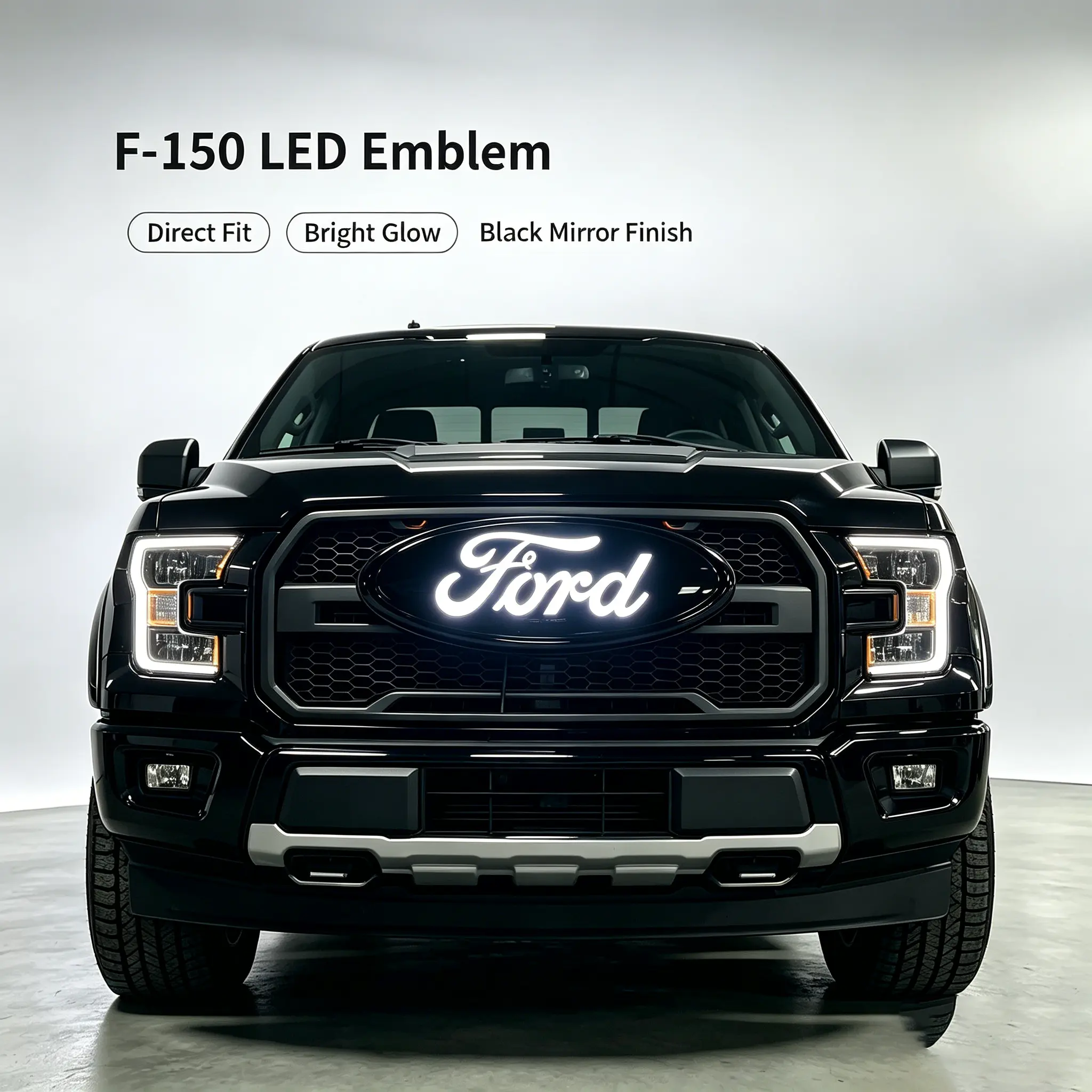 Upgraded Ford LED Front Grille Emblem | Plug-and-Play Illuminated Badge for F-150, Raptor, Edge & Explorer | Gloss Black Mirror Finish with Bright Glow
