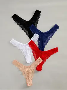 Women's Bow Decor Lace Thong, Casual Sheer Scallop Trim Panty, Ladies Underwear for Daily Wear