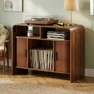 Vinyl Record Player Stand with Sliding Doors, Small Fluted Record Storage Cabinet, Mid Century Modern Turntable Stand, Wood Media Cabinet with Open Shelves, Living Room, Vintage, Walnut