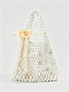 Fashionable vacation style woven hollow hand-held bag, Summer Handbag, decorated with flowers, starfish, shells, and pearls, featuring a conch chain design, versatile for seaside travel, sweet and simple casual style
