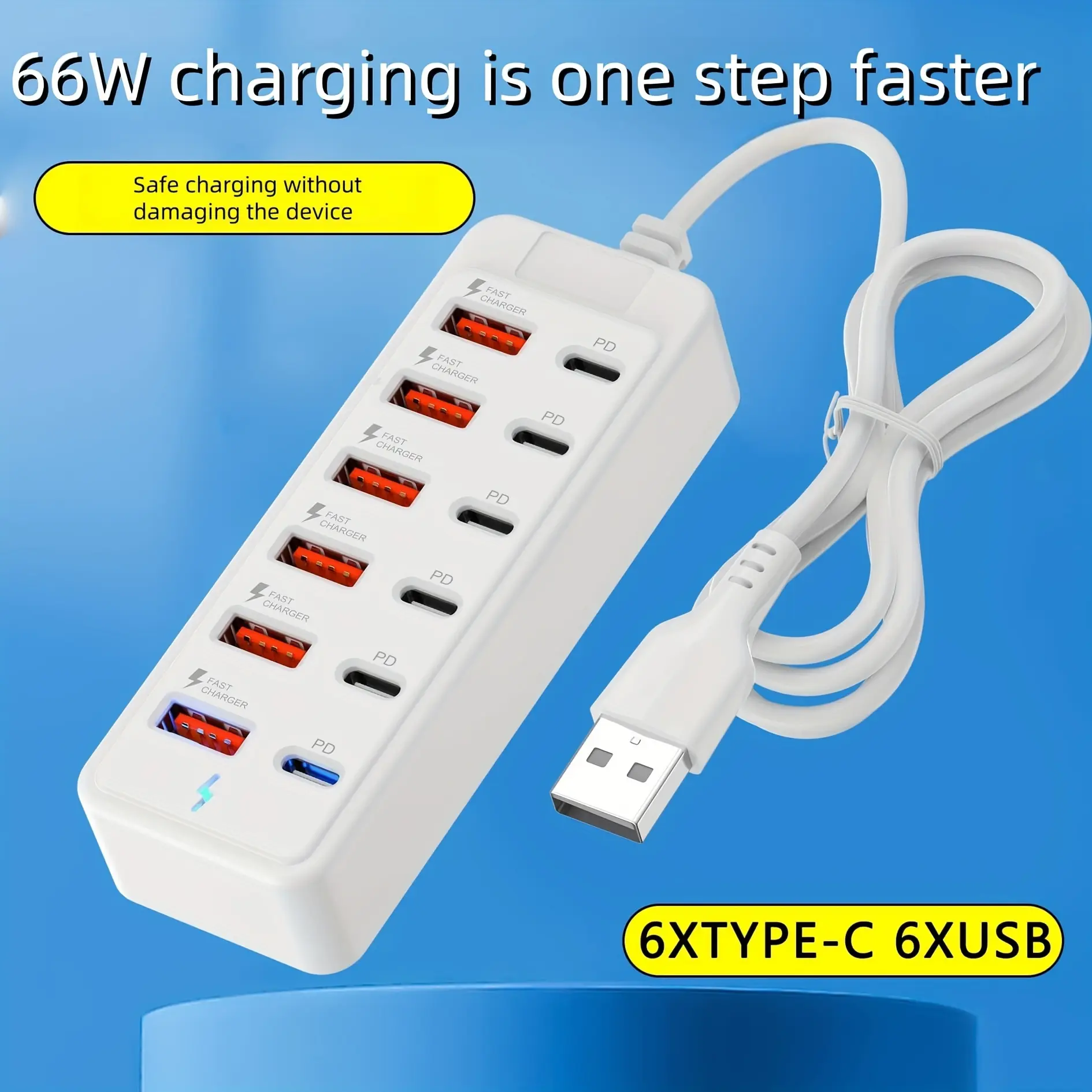 66w Fast Charger with 12 USB Ports (6 USB-A + 6 Type-C), Multi-Device Charging & Data Transfer, Multiport Adapter, USB Adapters For Multiple Devices, Ideal for Tablets Laptops Smartphones