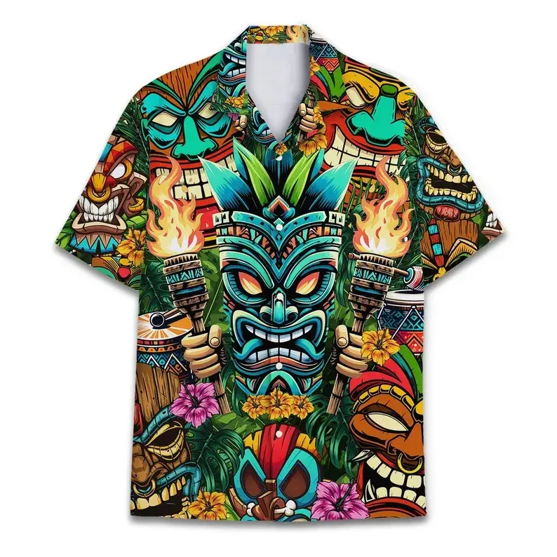 Hawaiian Shirt Colorful Flaming Torch Tiki Totem Hibiscus, Vintage Aloha Button Down Tropical Jungle Print Shirt, Exotic Island Summer Beach Vacation #   TikTokMadeMeBuyIt #   FieryTikiStyle #   TropicalJungleAloha #   IslandBeachOutfit