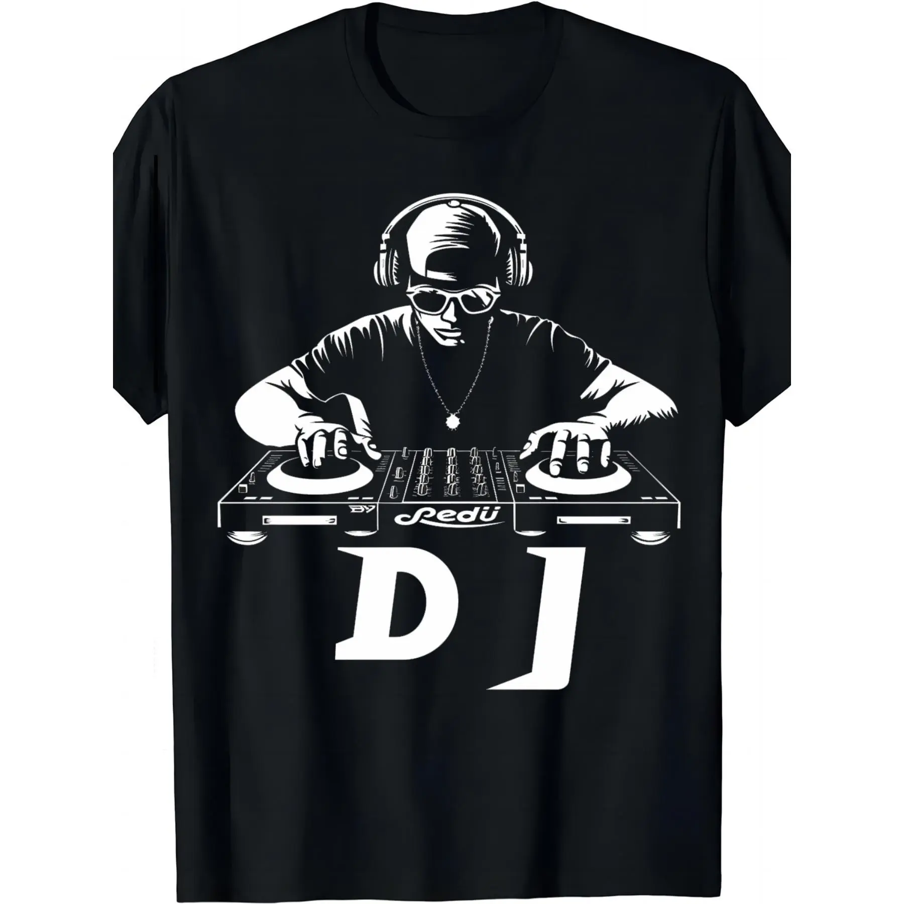 Men's Black Cotton Blend Short Sleeve Round Neck DJ Themed Graphic T-Shirt for Everyday Comfort Casual Streetwear Breathable Durable with Vinyl Record Design