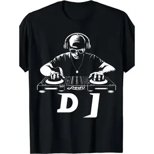 Men's Black Cotton Blend Short Sleeve Round Neck DJ Themed Graphic T-Shirt for Everyday Comfort Casual Streetwear Breathable Durable with Vinyl Record Design