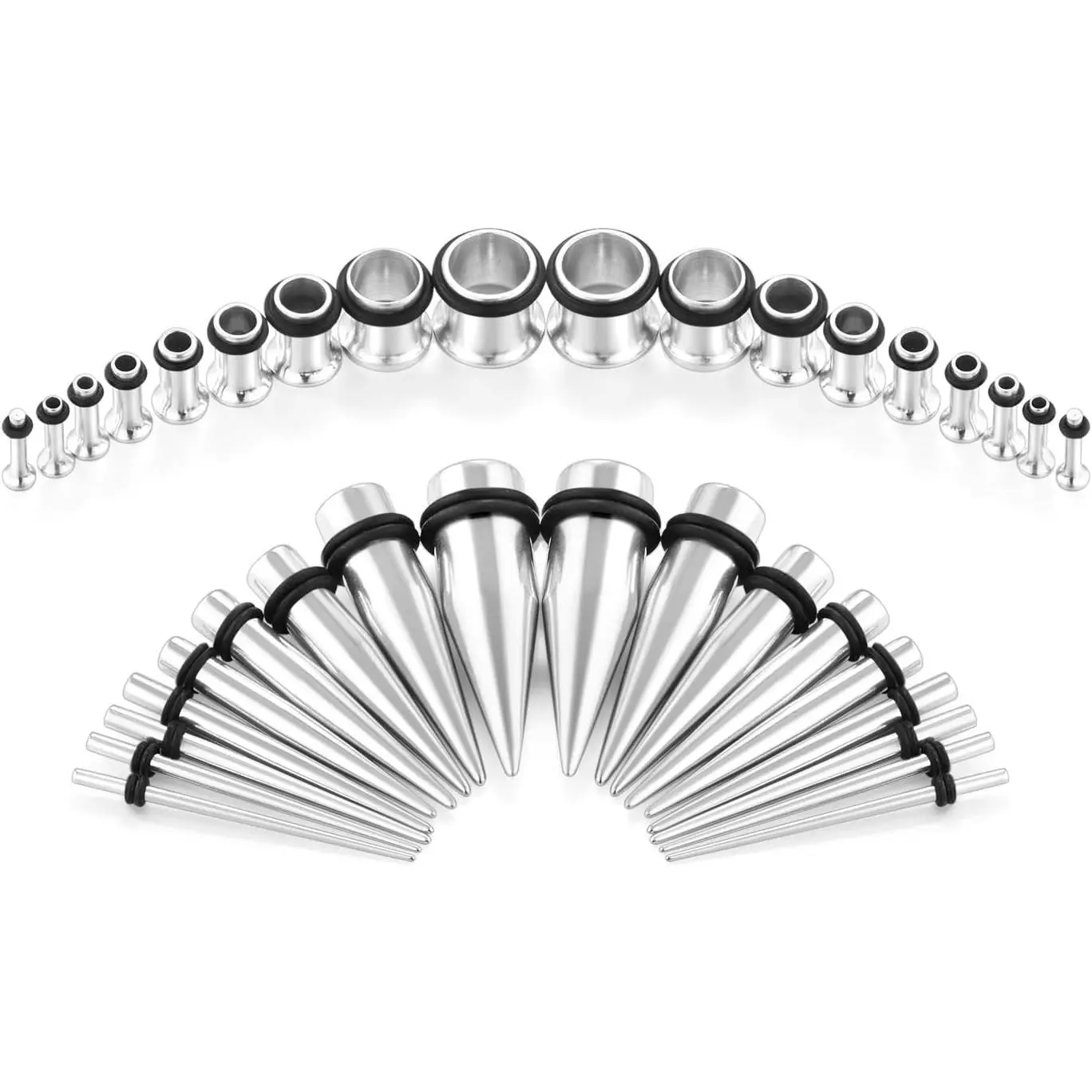 Implant Steel Body Jewelry Ear Gauges Stretching Kit - 14G-00G, 36 Pcs Tapers, Plugs, Eyelets, Modern Polished Finish, for Females