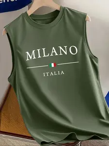 Men's Summer Casual Round Neck Sleeveless Vest, Letter Print Design, Outdoor Sports & Daily Wear, Fitted Style, Moderate Fabric Thickness