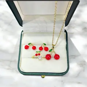 3Pcs Sweet Cherry Jewelry Set – Elegant Necklace, Ring & Earrings for Women, Girls, GF, Wife | Summer Chic, Waterproof & Tarnish-Resistant Gift