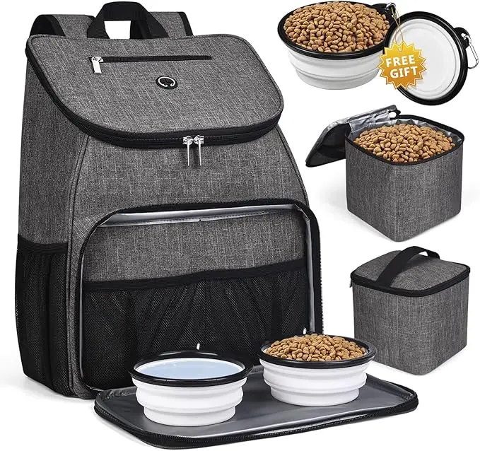 BAGLHER Airline-Approved Foldable Dog Travel Backpack with Handle, 2 Silicone Collapsible Bowls, Collapsible Baskets, Gray Tray for Feeding & Carrying (Rubber Material, Quick Bowl Setup), Carrier
