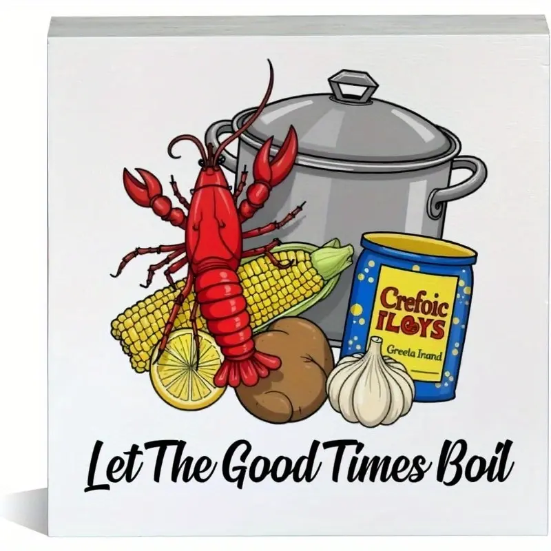 Let The Good Times Boil Crawfish Wood Block Sign Lobster Seafood Decorative Desk Sign for Home Kitchen Shelf Crawfish Season Party5x5 inch