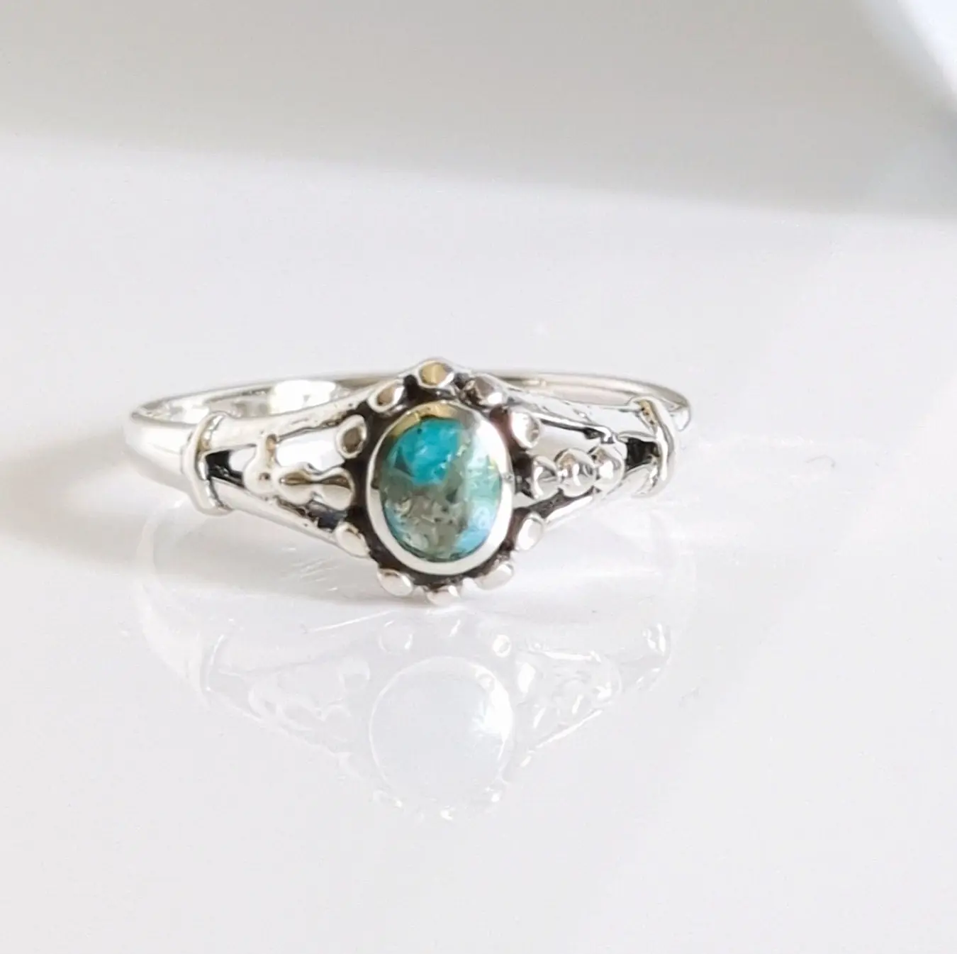 Sterling Silver Natural Turquoise Bali Beaded Ring