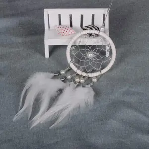 Dreamcatcher with White Feathers and Pearl Accents for Home or Car Protection