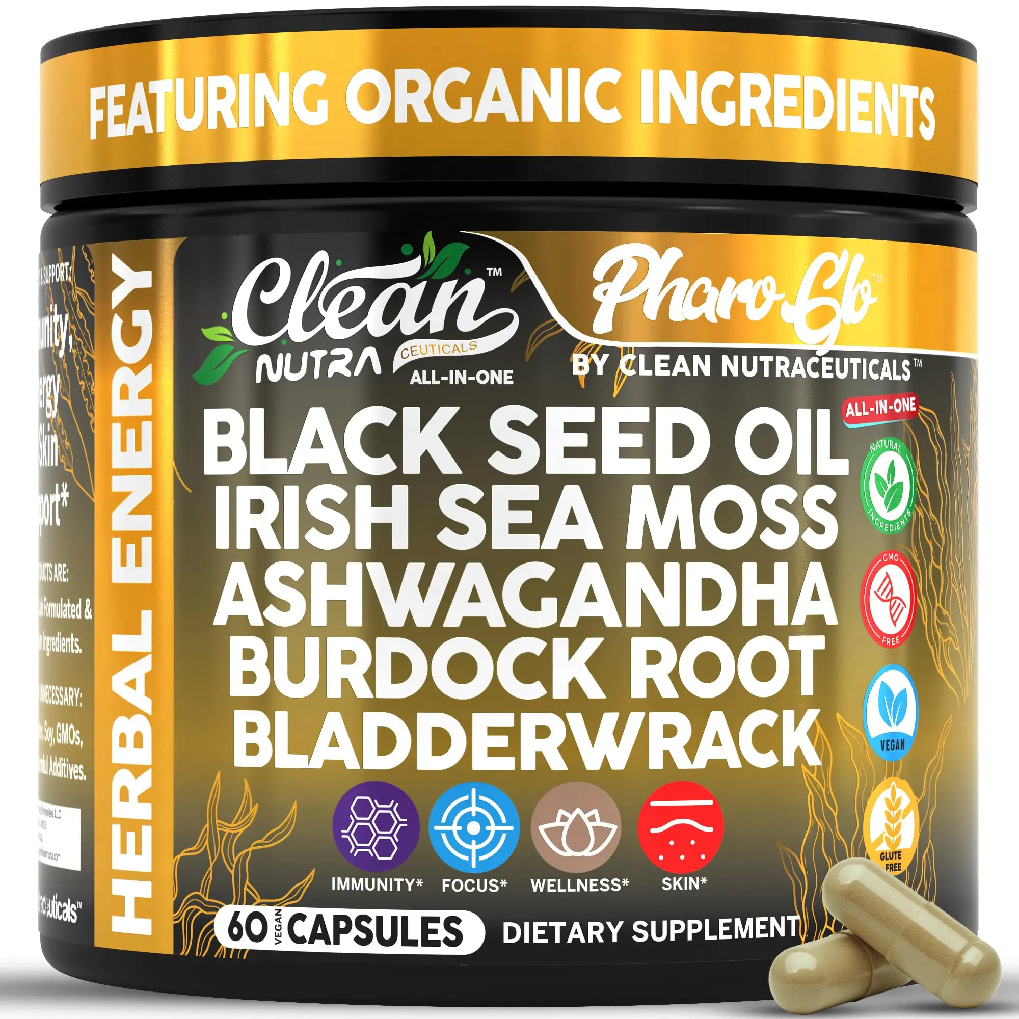 Clean Nutra Black Seed Oil, Irish Sea Moss, Ashwagandha, Burdock Root, Bladderwrack & Black Pepper for Natural Immunity & Stress Support - Pharo Glow