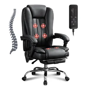 Massage Office Chair with Heat and 6 Vibration Points, Leather Executive Office Chair with Foot Rest and Padded Armrests, Reclining Backrest and Wheels, Black