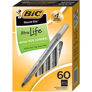 BIC Round Stic Xtra Life Ball Pen, Medium Point (1.0 mm), Black, 60-Count
