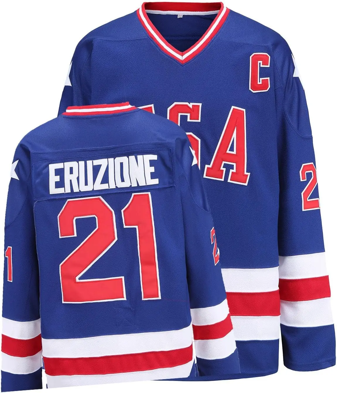 Men's #21 Miracle Movie Hockey Jersey, Long-Sleeved Embroidered Breathable Polyester Shirt with Airflow Holes, Fast Vents, Athletic Fashion Activewear, Gym Athletic Clothes for US/Nation Pride