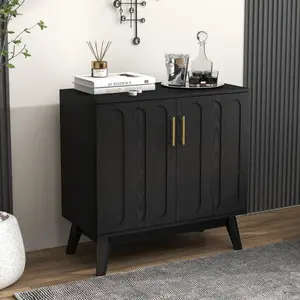 [Fahuac] Mid Century Modern Fluted Sideboard Cabinet, Walnut Buffet Storage Cabinet with Adjustable Shelves & Solid Wood Legs for Living Room, Dining Room, Entryway