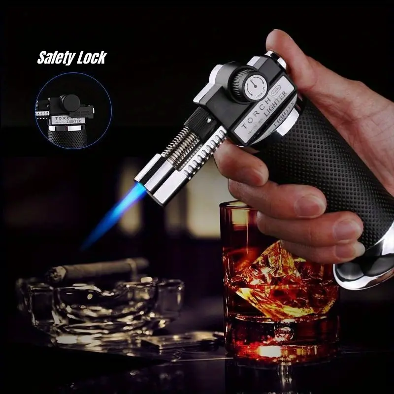 Refillable Metal Torch Lighter, Cylindrical Windproof Tool with Adjustable Double Jet Flame, Push-Button Ignition & Safety Lock - Unisex Multifunction Hiking Gear, Modern, Compact Grip