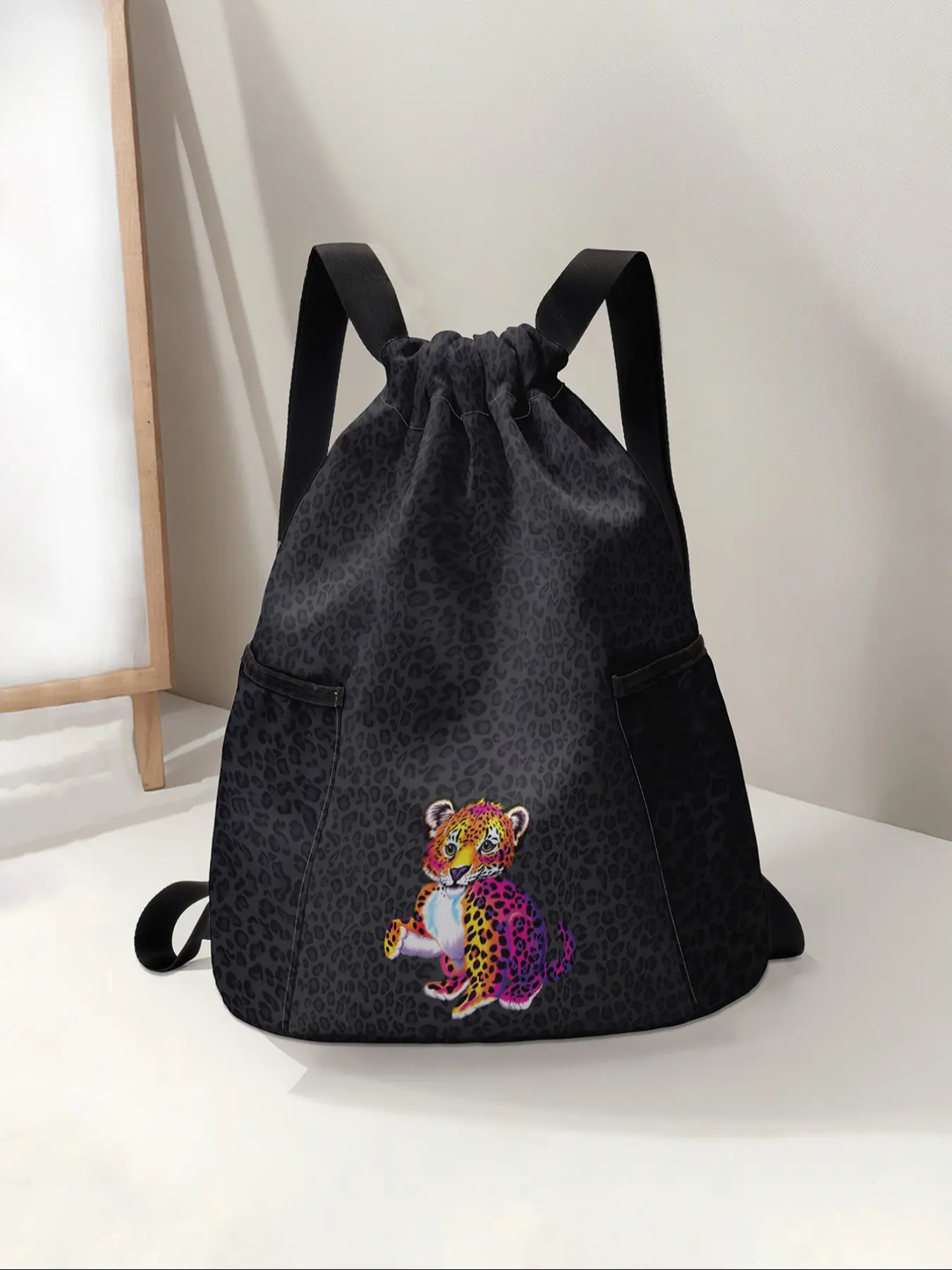 Cheetah Print Drawstring Backpack, Large Capacity Durable Fitness Bag, Adjustable Shoulder Straps, Sporty Beach Bag for Men & Women