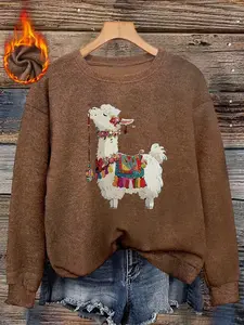 Women's Casual Round Neck Faux Wool Top with Alpaca Pattern, Fun and Stylish Fall & Winter Apparel for Relaxed Looks Womenswear