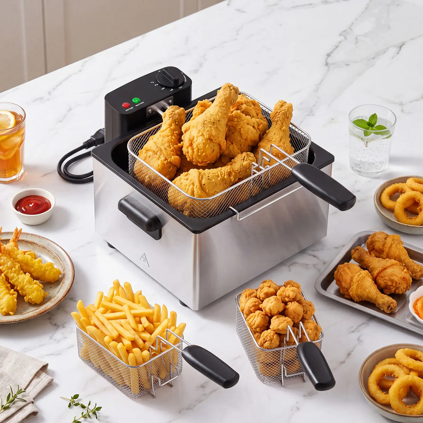 Deep Fryer for Home Use, Large Electric Fryer with 3 Blankets, 5 Liter Capacity, 1800W Power, 4 Adjustable Temp, Lid with Viewing Window for Fried Chicken, Shrimp, French Fries, Silver