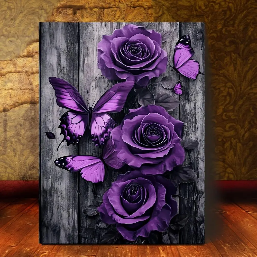 1pc Frame-Style 2D Purple Roses & Butterflies Canvas Painting - Home Supplies, Decorative Minimalist Wall Art Print, Ready-to-Hang for Living Room, Office, Halloween/Christmas/Housewarming Gift
