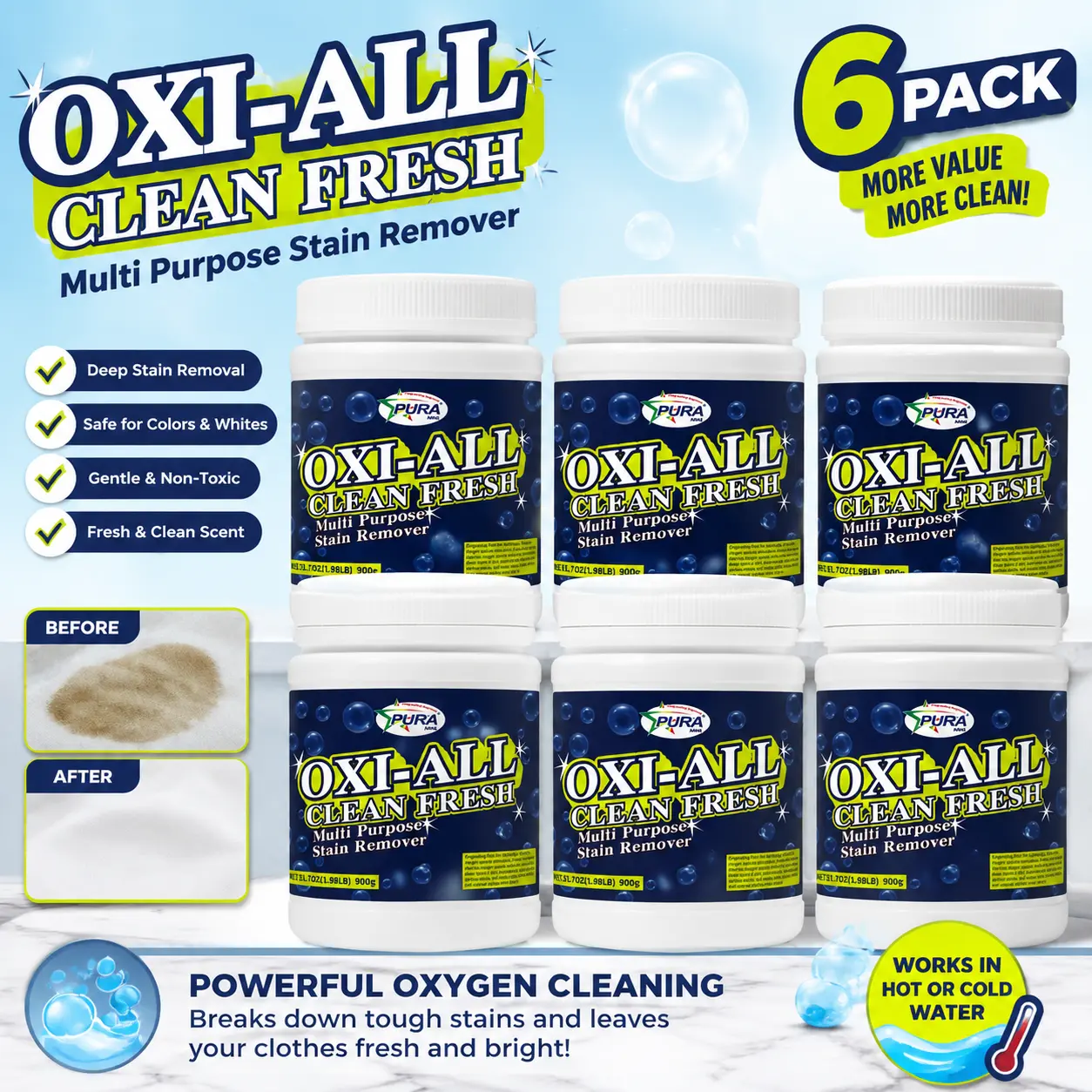 PURA MINI OXI-ALL Clean Fresh Oxygen Stain Remover Powder 900g Multi Purpose Laundry Explosive Enzyme Bleach Salt For Baby Clothes Underwear Color Fabric All Washable Garments Household Deep Cleaning Bulk Supply Set