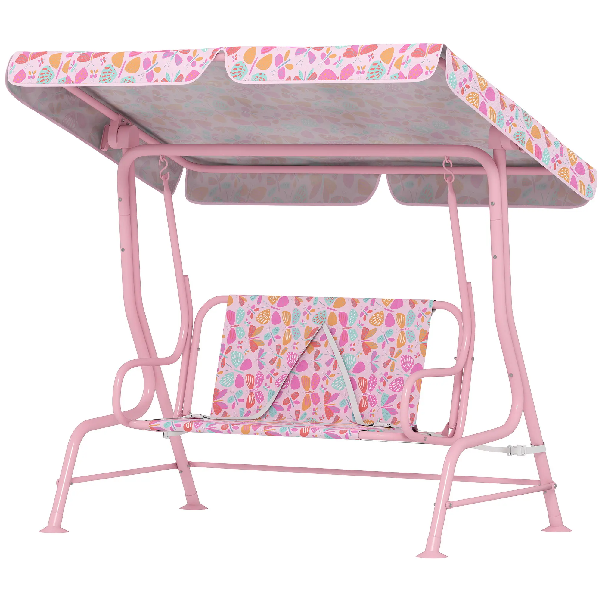 Kids Patio Swing, 2-Seater Outdoor Porch Swing with Safety Belt and Adjustable Canopy for Backyard Garden, Pink