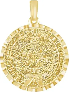 TAKAR Round Aztec Calendar Pendant For Necklace - Gold Plated Vermeil 925 Sterling Silver Medallion Pendant - Aztec Jewelry For Men Or Women - Made In USA.