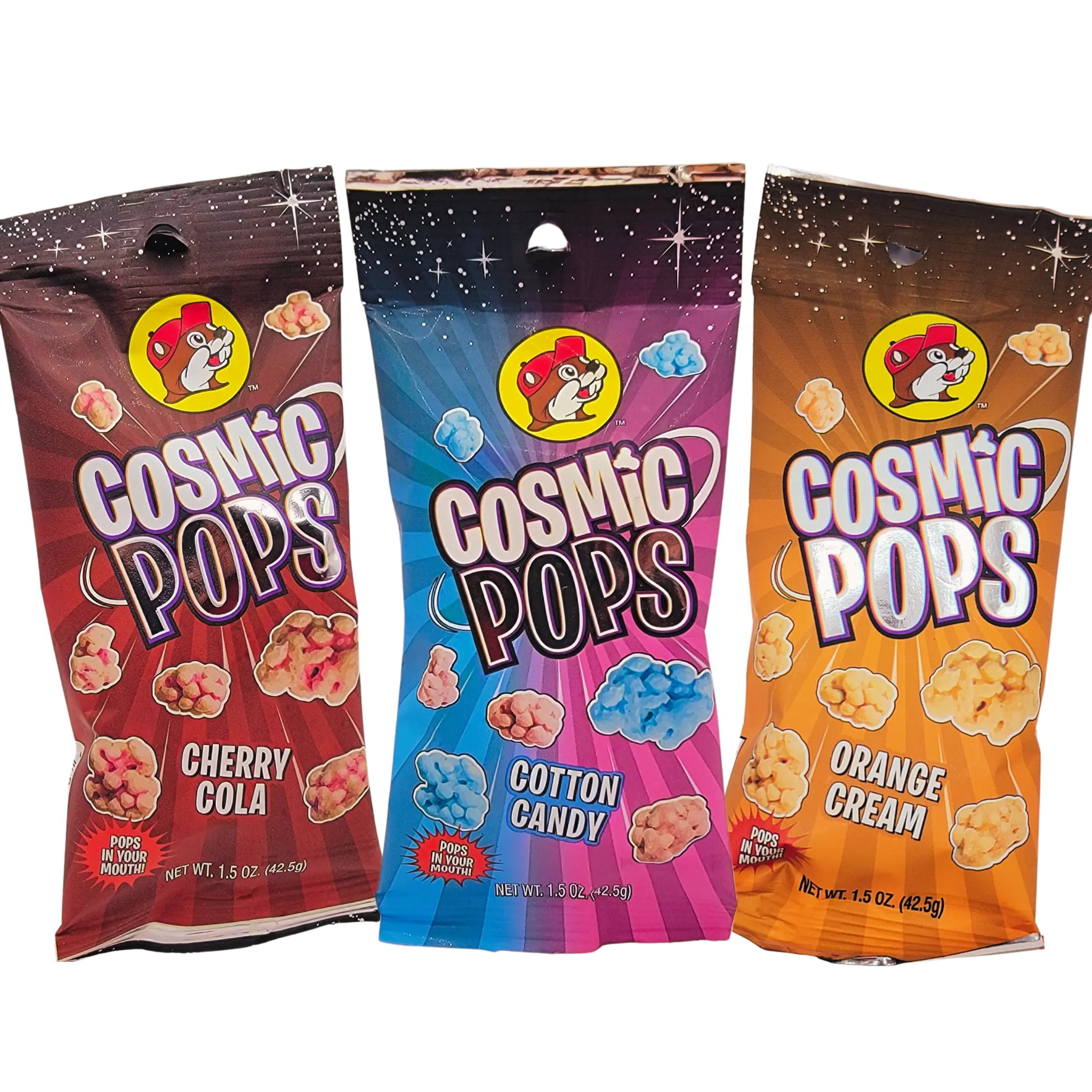 Buc-ee's Sweet Crackling Cosmic Pop Crystal Novelty Candy 3-Flavor Pick and Mix Bundle - 1.5 oz Bags, 6-Month Shelf Life, ASMR Food for Cupboard Storage (Cotton Candy, Orange Cream, Cherry Cola Varieties)