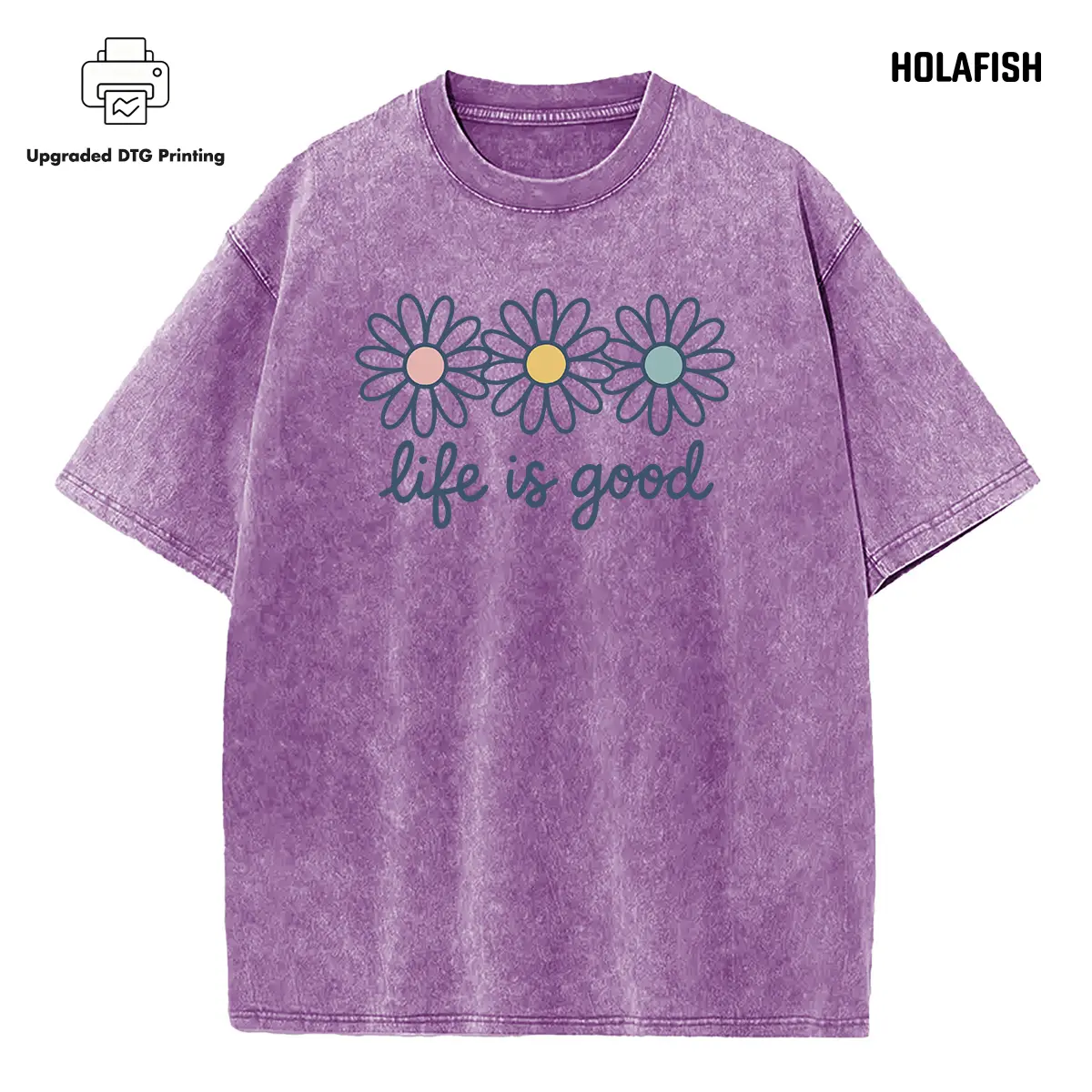 [Upgraded] Holafish Acid Wash Cotton T-Shirt with Daisy Print Drop Shoulder Design for Vintage Streetwear Unisex Baggy Hip Hop Style Acid Washed Graphic Tee