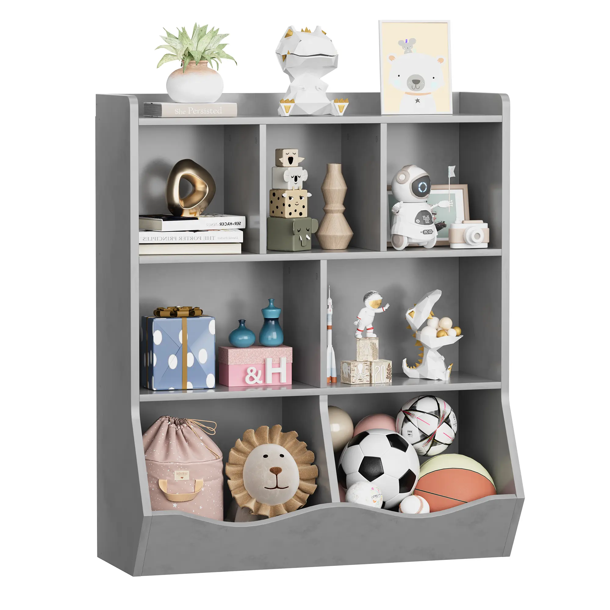 Garvee 3-Tier Kids Bookshelf and Toy Storage Organizer – 7-Compartment Bookcase with 5 Open Cubbies & 2 Tilted Bins – Display Shelf for Playroom/Bedroom/Nursery/Learning Area