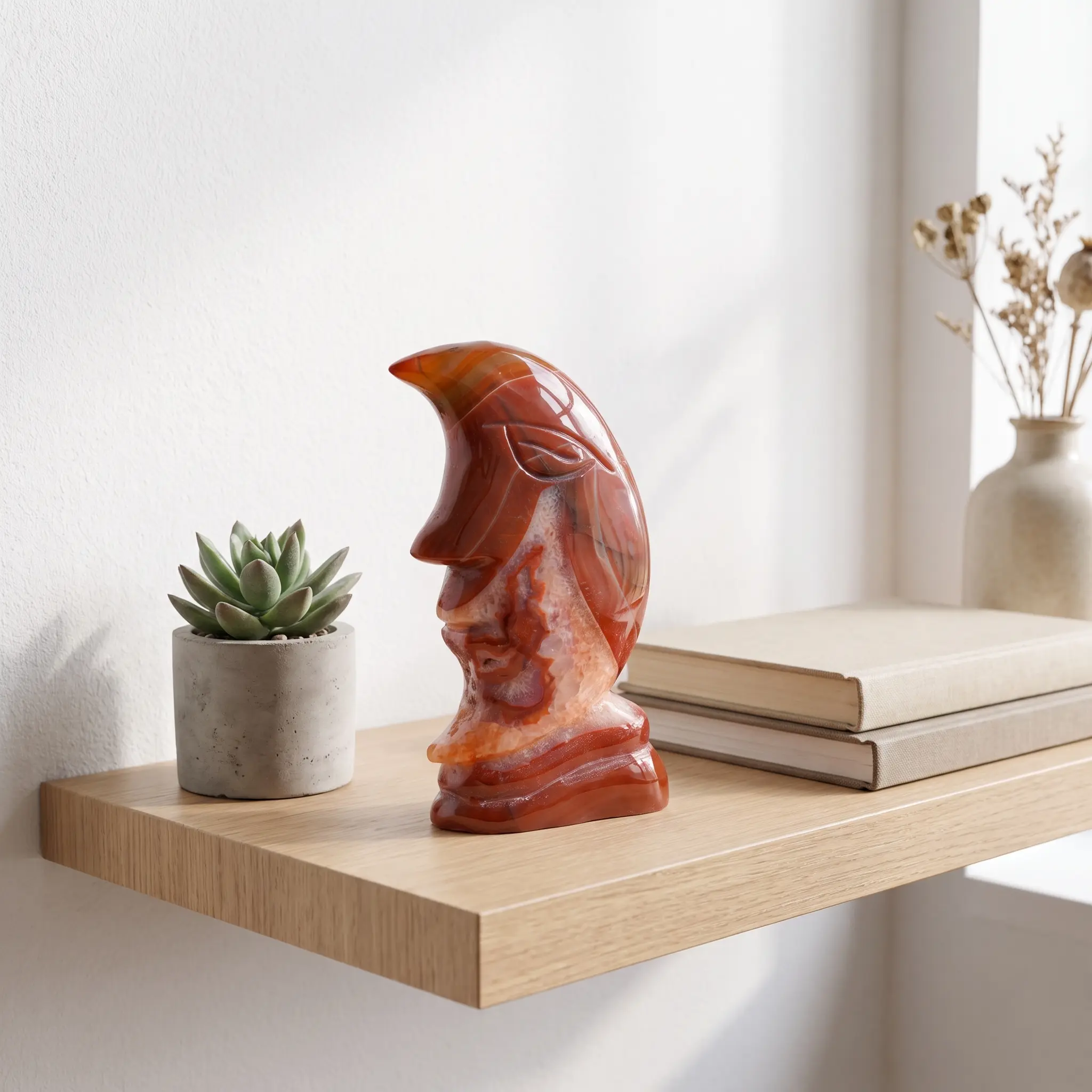 Red Sardonyx Moon Face Statue