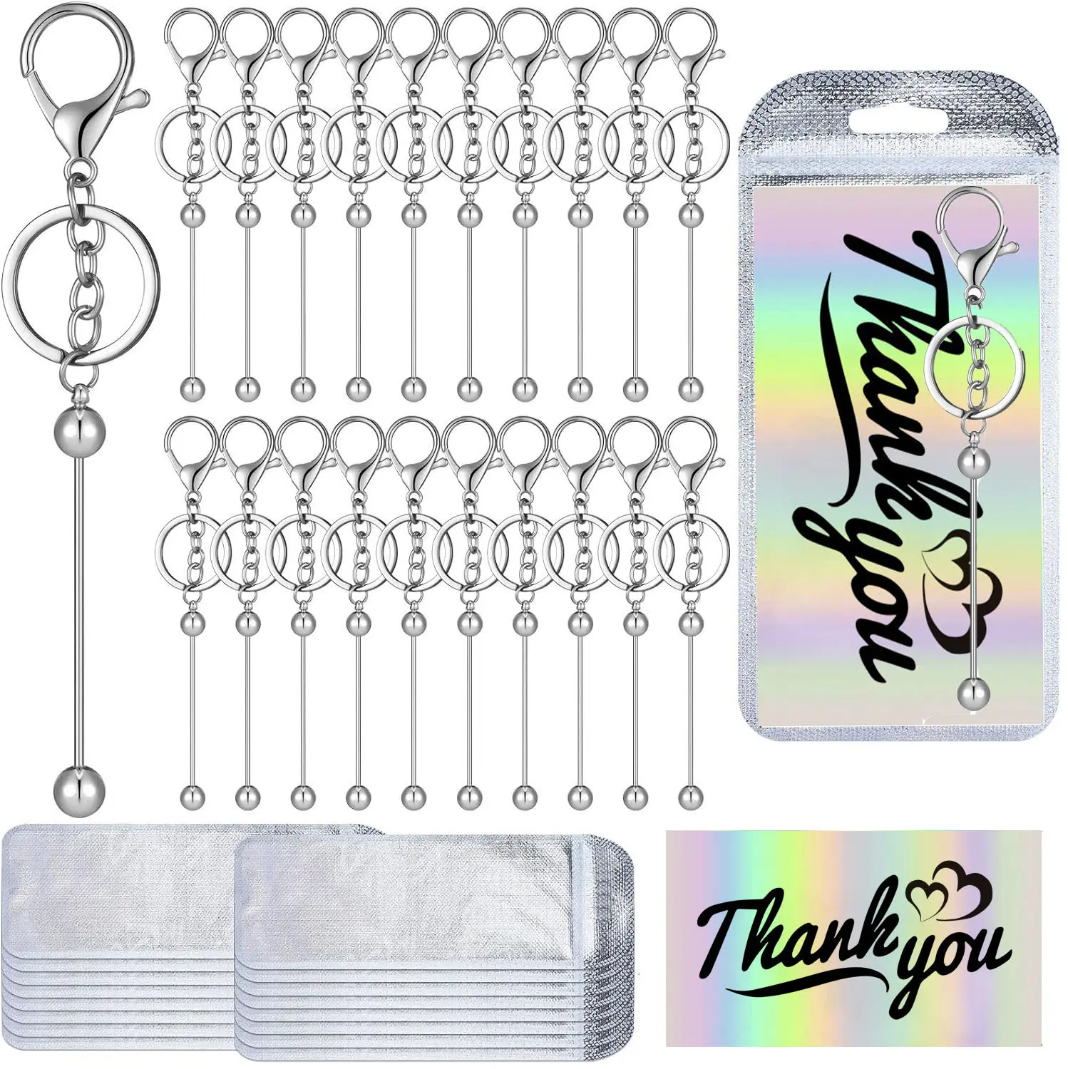 60 Pcs Beadable Keychain Bars Bulk Making Kit 20 Beaded Keychain 20 Bag 20 Thank You Cards for DIY Keyrings Charms