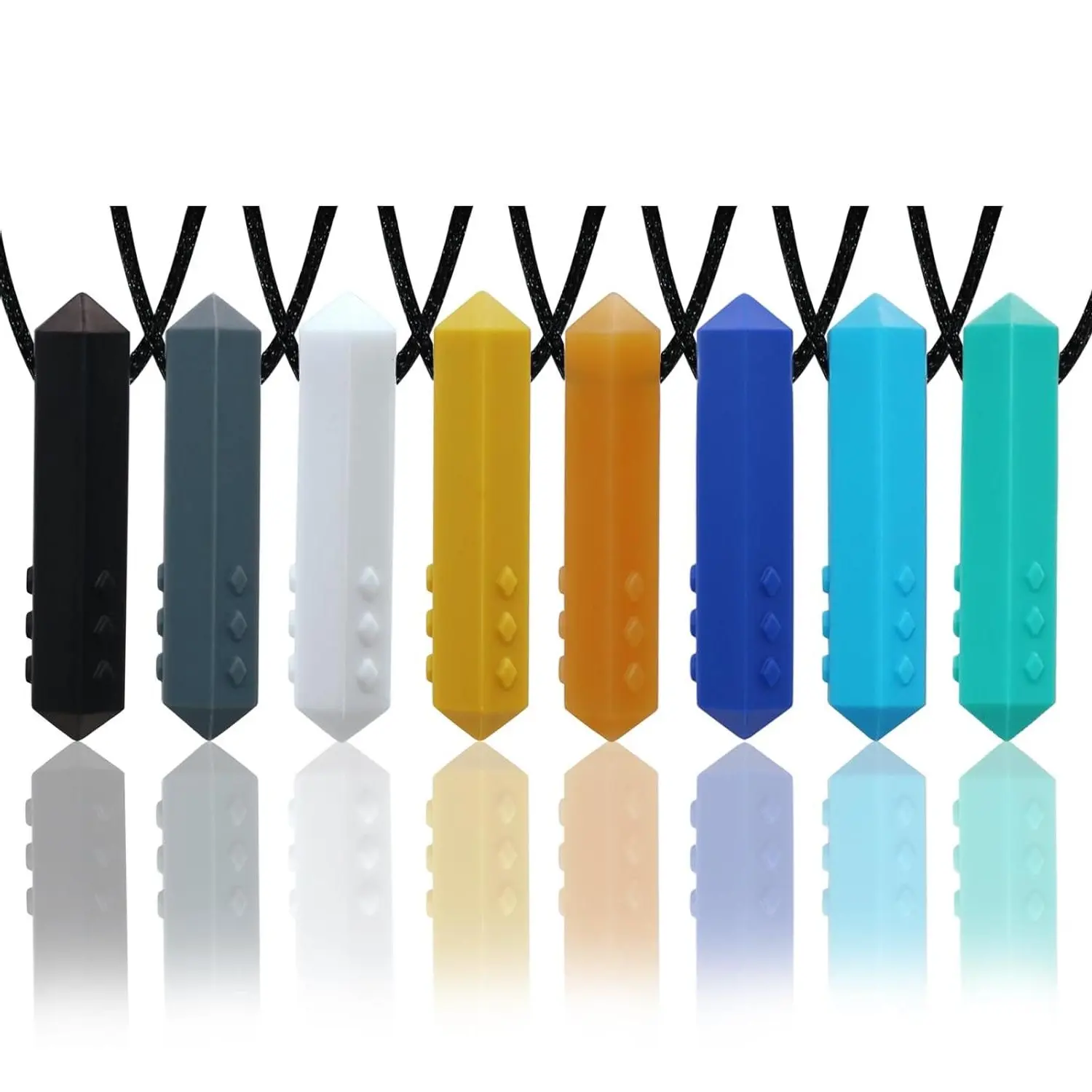 Sensory Chew Pendants 8-Pack, Casual Crayon-Shaped Food-Grade Oral Tools for Kids & Adults, Textured Design that Reduces Anxiety, Chewy Necklace, Chew-Safe, Textured Surface, Food-Grade Silicon, Medium Hardness, Chew Necklaces, Bpa Free