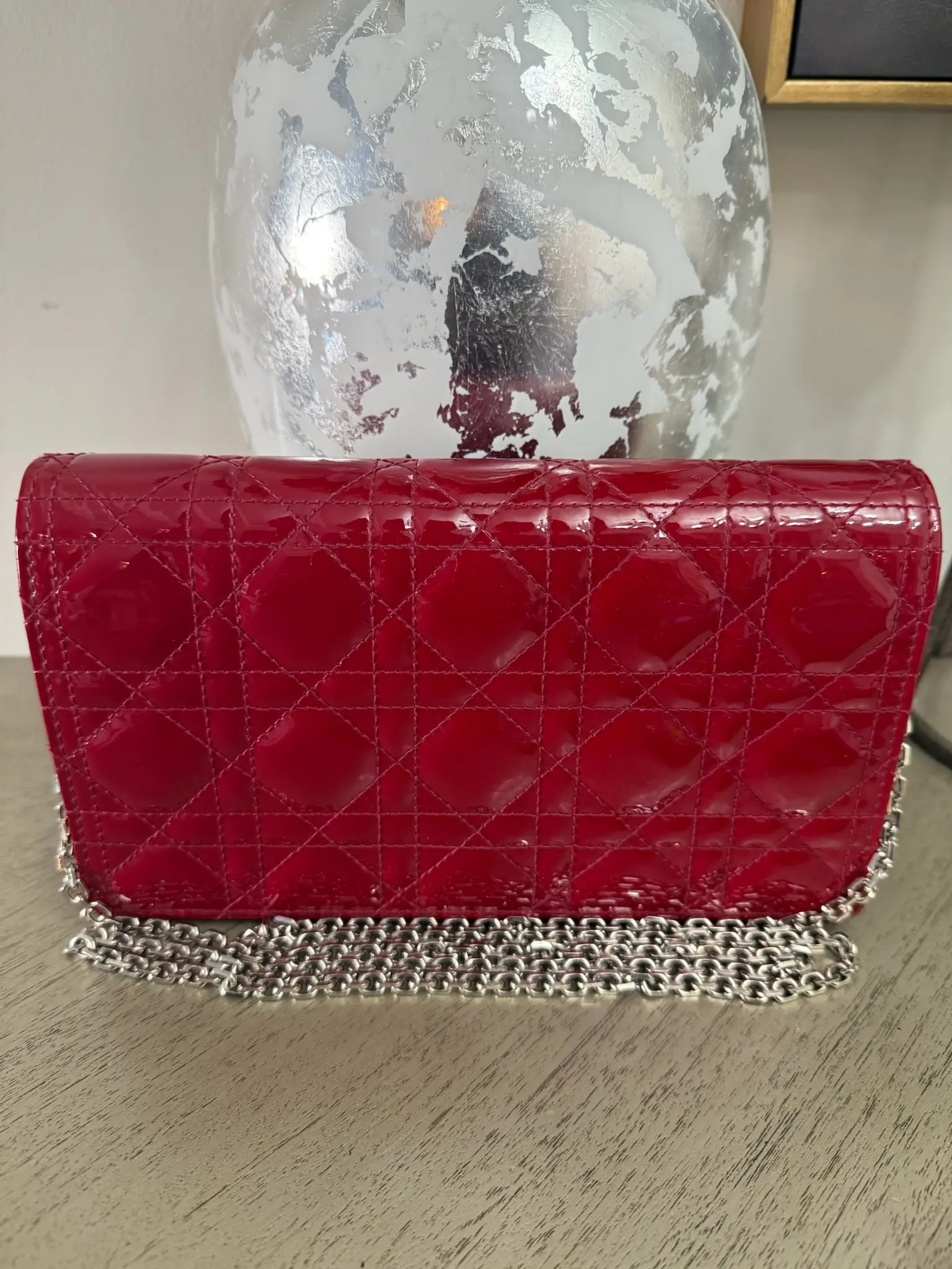 Pre-owned Dior Patent Leather Crossbody Bags Christian Lady Crossbody with Chain Cherry Red Patent Cannage Calfskin